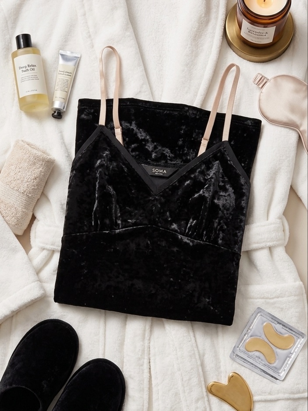 Soma Black Velvet Slip Nightgown with Nude Straps